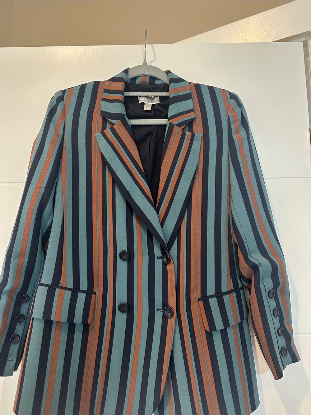 Chelsea28 Striped Double-Breasted Blazer in Teal & Rust